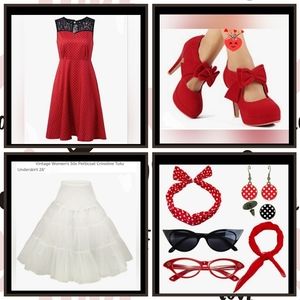 Vintage Pin-Up Rockabilly Black Polka-dot Swing Dress Red nine piece Costume Set